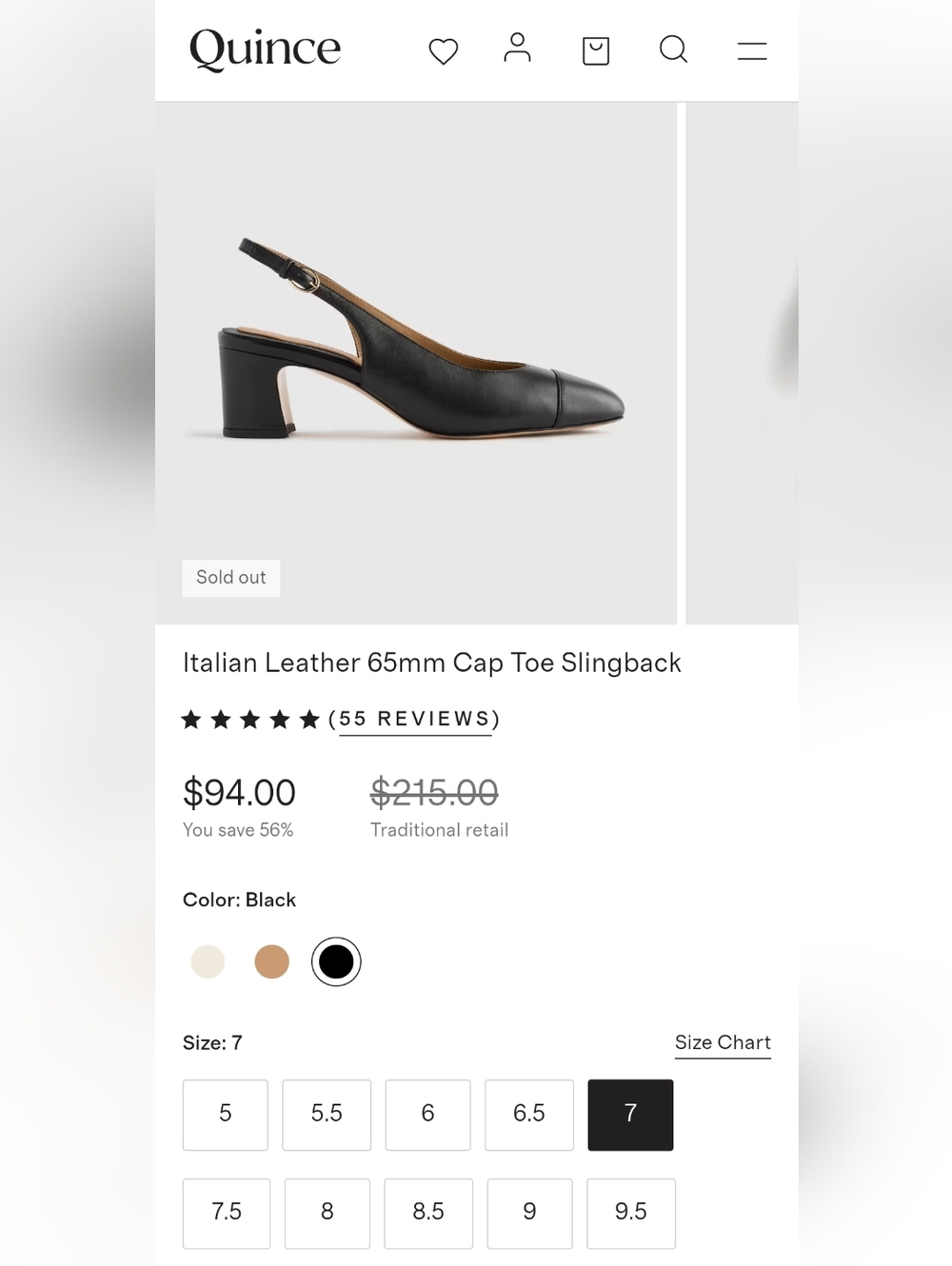 NWOT Quince Italian Black Leather 65MM Cap Toe Slingback Pump Women's 7 - Picture 3 of 12